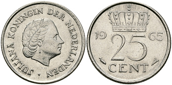 Нидерланды 25 центов 1965 Юлиана (1949-1980) KM 183 никель 96-161