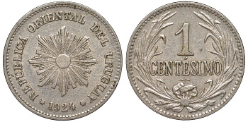 Уругвай 1 сентесимо 1924 KM 19 медно-никель 188-468
