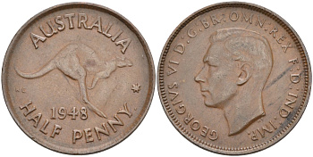 Австралия 1/2 пенни 1948 Георг VI (1937-1952), кенгуру KM 41 бронза 4575-1134