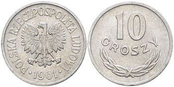 ПОЛЬША 10 ГРОШЕЙ 1961 MW KM AA47, Parchimowicz 206a алюминий XF 4181-132