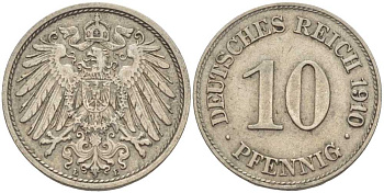 ГЕРМАНИЯ 10 ПФЕННИГОВ 1910 E KM 12, J. 13 медно-никель 31-1113