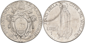 Ватикан 1 лира 1941 Пий XII, Дева Мария KM 26 a сталь UNC 63-954