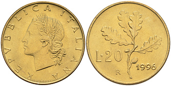 Италия 20 лир 1996 R, дубовый лист KM 97.2 алюминиевая бронза  UNC  4594-1039
