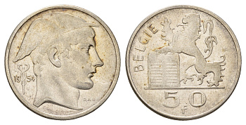 Бельгия 50 франков 1954 Бодуэн I (1951-1993), Belgiqe KM 137 серебро 3855-1146