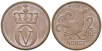 Норвегия 2 эре 1972 глухарь, Улаф V (1958-1991) KM 410 бронза UNC 3955-256