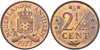 Нидерландские Антилы 2 1/2 цента 1977 Юлиана (1948-1980) KM 9 бронза 4177-346