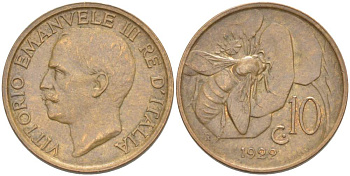 ИТАЛИЯ 10 ЧЕНТЕЗИМО 1922 R, МОНДВОР РИМ, ВИКТОР ЭММАНУИЛ III (1900-1946) KM 60 медь 4525-242