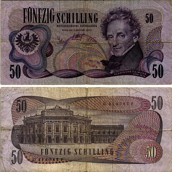 АВСТРИЯ 50 ШИЛЛИНГОВ 1970 (1972) 2 ЯНВАРЯ 1970, ФЕРДИНАНД РАЙМУНД Pick 143а бумага 8606-57-1-1