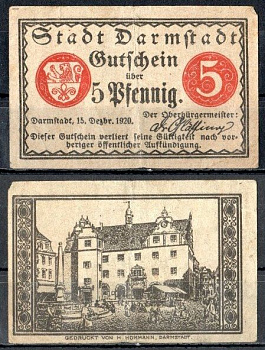 Дармштадт (Гессен) 5 пфеннигов 1920 Mehl Grabowski D5.5 бумага 7555-57-4-1