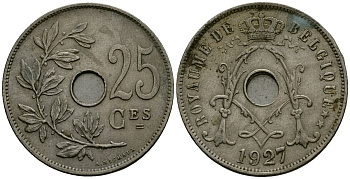 Бельгия 25 сантимов 1927 Belgique KM 68 медно-никель 4165-536