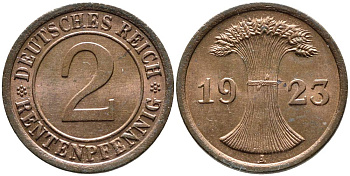 ГЕРМАНИЯ 2 РЕНТЕНПФЕННИГА 1923 A, ВЕЙМАРСКАЯ РЕСПУБЛИКА (1919-1933) KM 31, Jager 307, Weege 3 бронза aUNC 4546-815