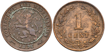 Нидерланды 1 цент 1878 Виллем III (1849-1890) KM 107 бронза 4576-545