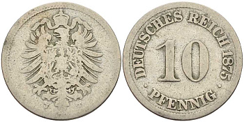 ГЕРМАНИЯ 10 ПФЕННИГОВ 1875 J, СТАРОГЕРБОВКА KM 4, J. 4 медно-никель 4401-241