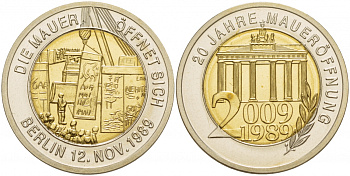 Германия медаль 2009 серия 20 лет объединения Германии, 12 ноября 1989 снос Берлинской стены, Бранденбургские ворота, сертификат  биметалл  UNC  1094-6-32