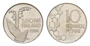 Финляндия 10 пенни 1994 KM 65 медно-никель 4647-355