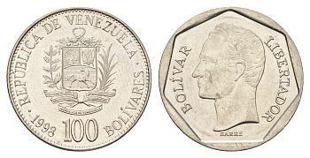 Венесуэла 100 боливаров 1998 год-тип, Симон Боливар Y 78.1 сталь плакированная никелем UNC 4666-1237