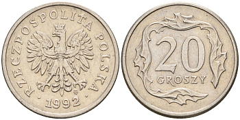 Польша 20 грошей 1992 MW KM 280 медно-никель    4564-462