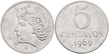 Бразилия 5 сентаво 1969  голова свободы влево KM 577.2, Schon 82a нержавеющая сталь 58-552