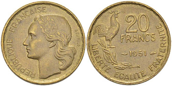 ФРАНЦИЯ 20 ФРАНКОВ 1951 ПЕТУХ, 4 ПЕРА KM 917.1, LE FRANC 402.7 алюминивая бронза 175-644