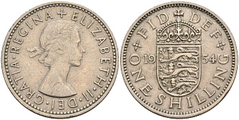 Великобритания 1 шиллинг 1954 Елизавета II (1952-2022), Английский герб KM 904, Spink 4147 медно-никель 4116-834
