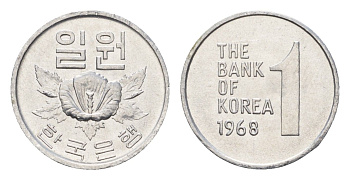 Южная Корея 1 вона 1969 роза шарона KM 4a алюминий UNC 4636-1269