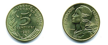 ФРАНЦИЯ 5 САНТИМОВ 1980 ТИП MARIANNE КМ 933 медь алюминий никель 3999-633