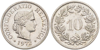 ШВЕЙЦАРИЯ 10 РАППЕНОВ 1972 KM 27 медно-никель 55-436