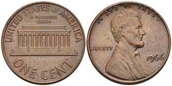 США 1 цент 1966 Линкольн KM 201 медь цинк 4564-442