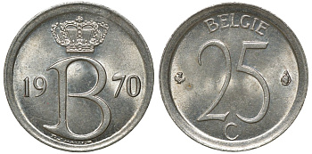 Бельгия 25 сантимов 1970 Belgie, Бодуэн I (1951-1993) KM 154.1 медно-никель 72-812
