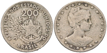 Бразилия 200 реалов 1901 MCMI, голова свободы вправо KM 504 медно-никель 4612-316