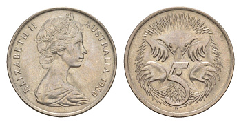 Австралия 5 центов 1980 Елизавета II (1952-2022) молодой портрет, ехидна KM 64 медно-никель UNC 4152-335