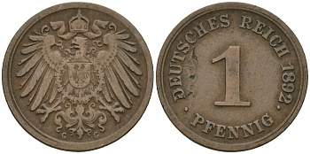 Германия 1 пфенниг 1892 G, Вильгельм II (1888-1918) KM 10, J. 10 медь 4608-218