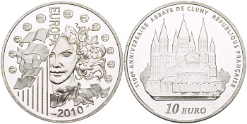 Франция 10 евро 2010 1100 лет аббатству Клюни, микроцарапины KM 1681 серебро PROOF 1088-5-53