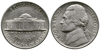 США 5 ЦЕНТОВ 1988 D, ДЖЕФФЕРСОН KM А192 медно-никель 25-2217