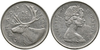 Канада 25 центов 1969 Елизавета II (1952-2022), олень KM 62 b никель 4543-726
