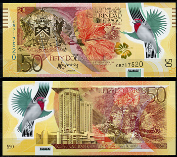 Тринидад и Тобаго 50 долларов 2014 50 лет национальной валюте, красный кардинал Pick 54 пластик UNC (пресс) 451-28-1