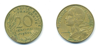 ФРАНЦИЯ 20 САНТИМОВ 1965 KM 930 медь алюминий никель 84-1436