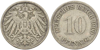 ГЕРМАНИЯ 10 ПФЕННИГОВ 1900 F KM 12, J. 13 медно-никель 4401-1153
