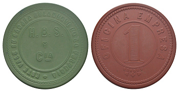 Чили, Компания (Empresa), Токо (Toco) шахтерский жетон с Селитряного рудника для покупки в местных магазинах, номиналом в 1 песо 1880-1920 диаметр 45 мм, вес 5,11 гр Espinosa 100.8 эбонит (зеленый и охра) 01-235-22