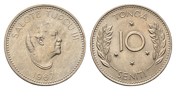 Тонга 10 сенити 1967 год-тип, Салоте Тупоу III (1900-1965) KM 7 медно-никель UNC 176-332