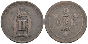 Швеция 2 эре 1876/5 Оскар II (1872-1907) король Швеции и Норвегии KM 735 бронза 85-1222