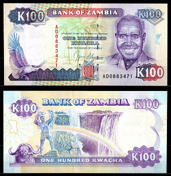 Замбия 100 квач ND (1991) Кеннет Каунда, буйвол, водопад Виктории Pick 34 а бумага UNC (пресс) 7214-28-1-1