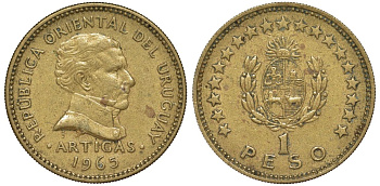 Уругвай 1 песо 1965 KM 46 алюминиевая бронза 28-415