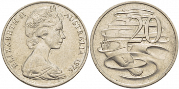 Австралия 20 центов 1976 Елизавета II (1952-2022), утконос KM 66 медно-никель UNC 115-935