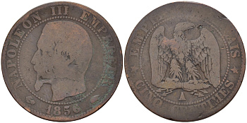 ФРАНЦИЯ 5 САНТИМОВ 1956 A, НАПОЛЕОН III (1852-1870) KM 777.1, LA FRANC 116.30 бронза 28-636