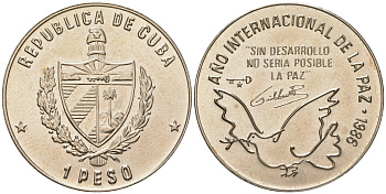 Куба 1 песо 1986 международный год мира KM 156 медно-никель UNC 4165-1135