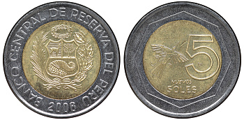 Перу 5 новых солей 2008 KM 316 биметалл aUNC 4605-355