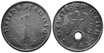 ГЕРМАНИЯ 1 РЕЙХСПФЕННИГ 1942 B KM 97, J. 369 цинк 39-1218