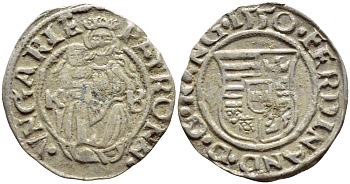 Венгрия 1 денар 1550 КВ, Фердинанд I (1526-1564), мадонна с младенцем  серебро 1530-333