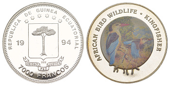 Экваториальная Гвинея 7000 франков 1994 Дикие птицы Африки - Зимородок KM 98 серебро PROOF 1079-10-52